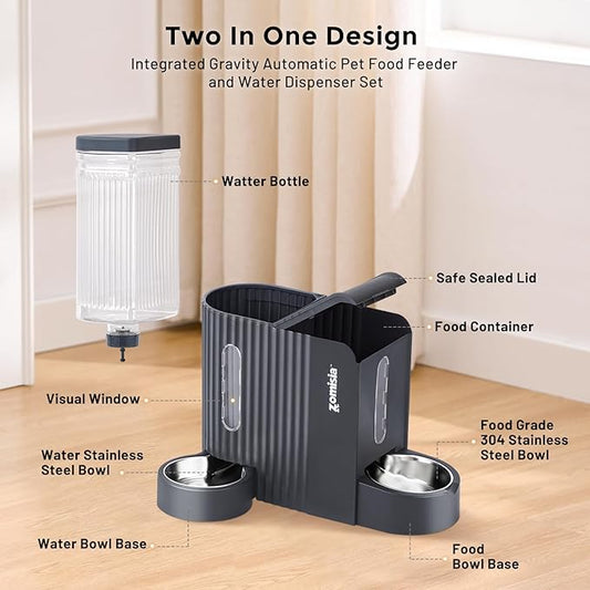 Gravity Cat Feeder and Water Dispenser with 304 Stainless Steel Bowls, 2 in 1 Automatic Cat Feeder with 180 Degree Rotatable Water Bowl, Large Capacity for Puppy Kitten Rabbits, Blue