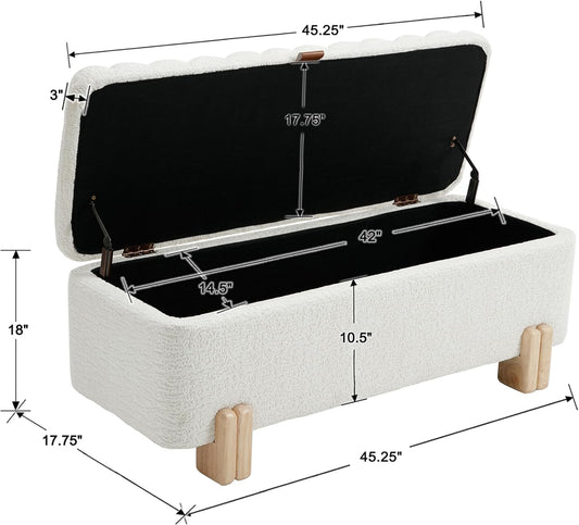 Wavy Ottoman Storage Bench Multi-Functional Narrow Entryway Bench Elegant End of Bed Bench with Storage and Safty Hinge for Living Room Entryway Hallway Bedroom Boutique, White