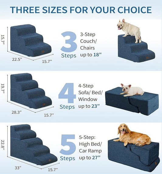 Made4Pets Dog Stairs Ramp for Bed, 4-Step Dog Steps for High Bed Couch Sofa Climbing, 35D Foam Pet Steps for Small Dogs and Cats, Non-Slip Bottom Pet Stairs, Navy