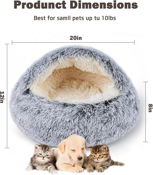 Cat Bed for Indoor Cats, Calming Cozy Cave with Self-Warming Plush, Entire Bed Machine Washable & Anti-Slip Base, Breathable Pet Bed for Small Cats&Dogs All Seasons (Grey, 20 * 20inch)