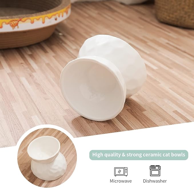 OMAYKEY Ceramic Raised Cat Bowls, Tilted Elevated Cat Food and Water Bowl Set, Porcelain Stress Free Pet Feeder Dish for Cats and Small Dogs, Dishwasher and Microwave Safe, White & White, Set of 2