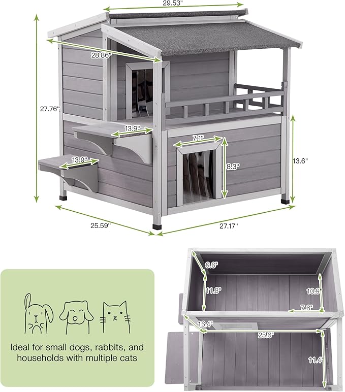GUTINNEEN Insulated Cat House Outdoor for Winter, Wooden Weatherproof Outside Feral Cat Shelter with Liner, Large Balcony, Escape Door, PVC Door Strip, for Outdoor & Indoor