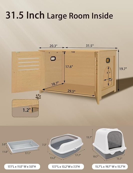 DINZI LVJ Litter Box Enclosure, Cat House with Good Ventilation, Entrance Can Be on Left or Right Side, 31.5" Long Hidden Washroom for Most Litter Box, Cat Furniture Cabinet, Natural