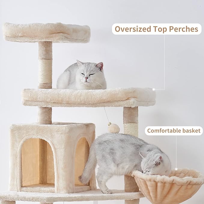 Cat Tree 71.6 inches Cat Tower for Indoor Cats, Multi-Level Cat Condo Furniture with Scratching Posts Plush Perches, Activity Center with Cozy Basket & Hammock for Large Cat,Beige