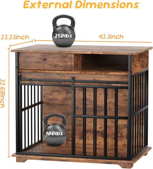 35.5" Dog Crate Furniture, Wooden Dog Crate Furniture for Medium Small Dogs, Wooden Dog Kennel End Table with Drawer and Open Shelves, Sliding Door Dog Kennel Furniture