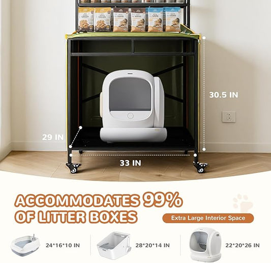 Lekereise Large Hidden Litter Box Furniture, Cat Litter Box Enclosure with Removable Waterproof Cover, Kitty Litter Box Furniture with 3-Tier Adjustable Shelves Storage and Wheels (70.87”H, Green)