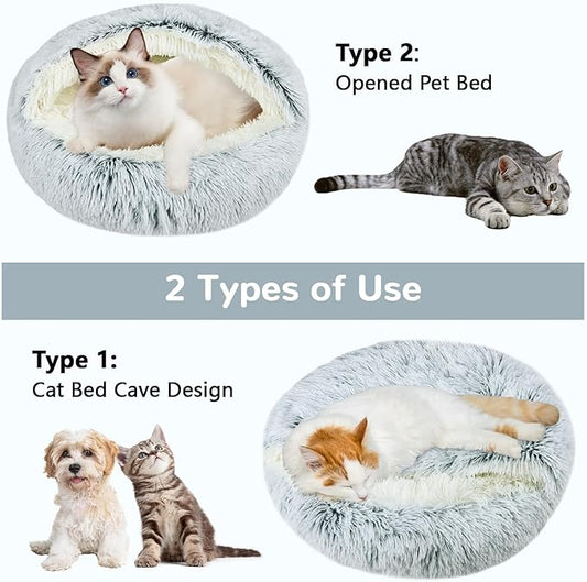 Calming Cat Beds, Fluffy Plush Round Cat Cave Washable, Cozy Warming Anti-Slip Small Dog Bed for Puppy and Kitten, Soft Anti Anxiety Pet Nest (24×24 inch, Grey)