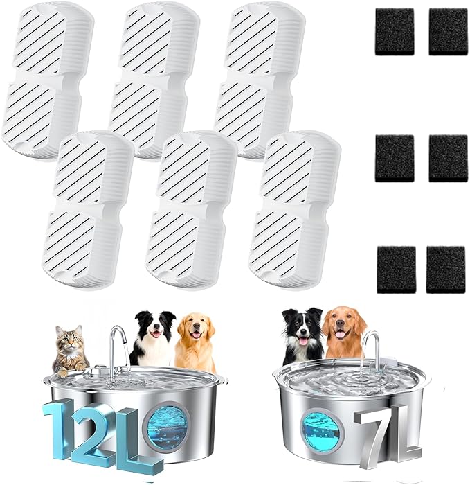 Dog Water Fountain Filters: 12 Dog Fountain Filters - Pet Water Fountain Filters Replacement - Including 6 Filters + 6 Sponges - Suitable for GROOKPET Dog Water Fountain for Large Dogs