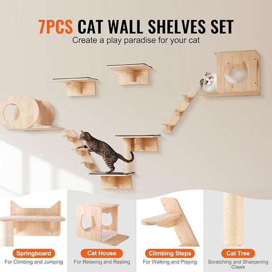VEVOR Wall Mounted Cat Shelves, Perches with Jumping Boards,Hammocks & Cat Tree, Cat Furniture and Shelves up to 40 lbs for Sleeping, Playing, Climbing, Set of 7