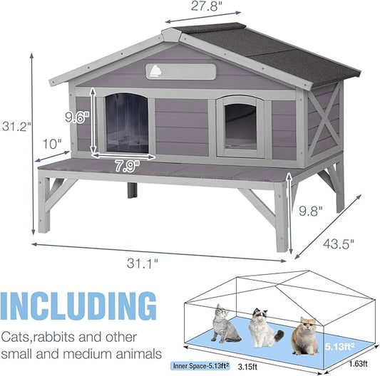 Outdoor Cat House Weatherproof Large Cat Shelter with Balcony Indoor Kitty Shelter Condos with Escape Doors