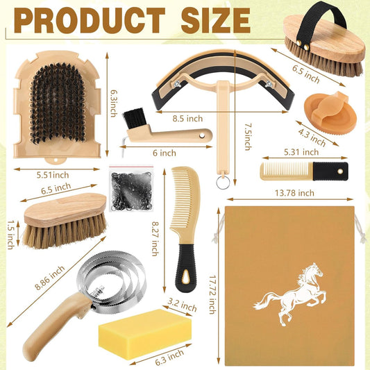 Abbylike 12 Pieces Horse Grooming Kit Racing Festival Tack Room Supplies Horse Brush Sets Equine Care Cleaning Kit Shedding Grooming Massaging Tools(Khaki)