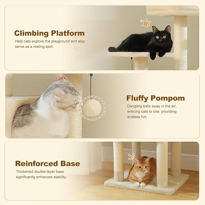 PAWZ Road Cat Tree Tower 62 Inches Cat Tree with 2 Condos,2 Large Perch,4 Scratching Posts & 1 Scratching Board, and 2 Hanging Balls for Indoor Cats-Beige