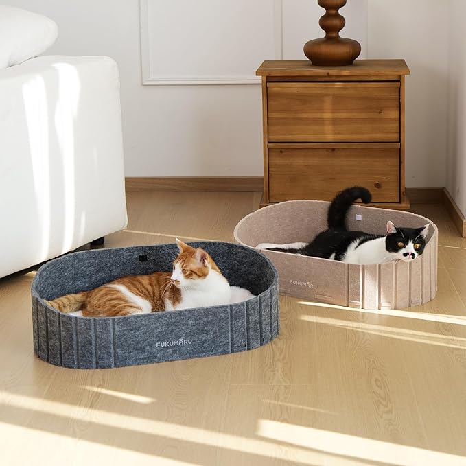 FUKUMARU Cat Beds for Indoor Cats, 24 Inch Large Cat Couch Bed with Cozy Faux Rabbit Fur Cushion, Felt Cats House Sofa in Oval Shape, Grey