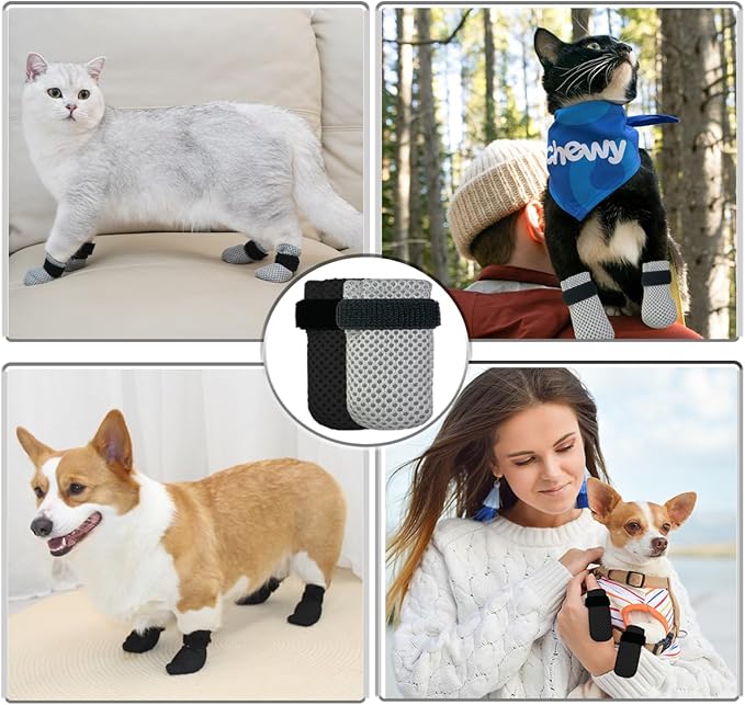 4 PCS Cat Mittens to Prevent Scratching,Mesh Breathable Cat Shoes,Adjustable Cats Anti Scratch Gloves,Suitable for Cats When Bathing and Nail Trimming(XL,Black)