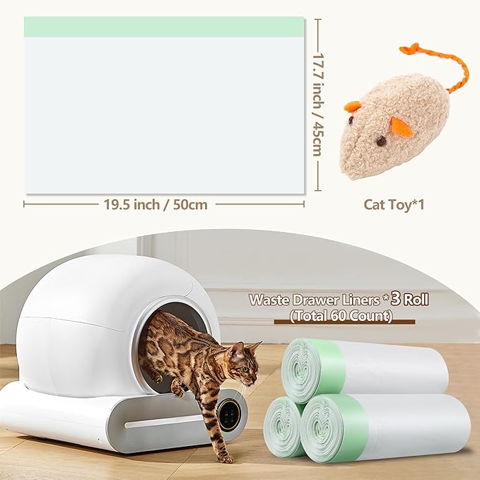 60 Count Automatic Cat Litter Box Bags Compatible with PetCova, DuckSky and MeoWant, Leak-proof Pet Waste Bags Liners with Drawstring Heavy Duty for Self Cleaning Cat Litter Box -19" x 18"