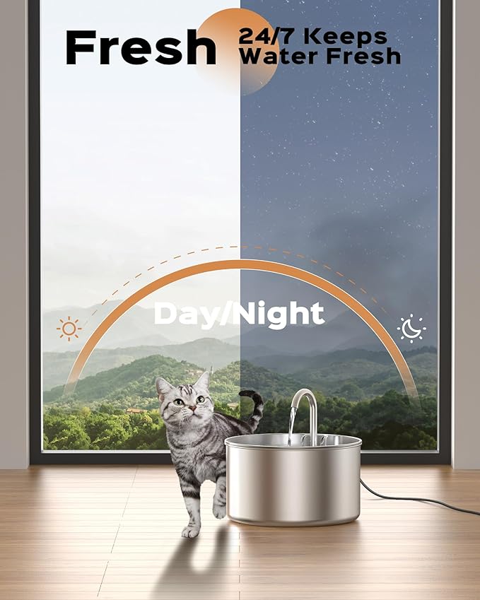 AOOGITF Cat Water Fountain + 8 Filters + 8 Sponges, 304 Stainless Steel Pet Water Fountain, 24 Hours Keep The Water Clean, 74oz Capacity, Ultra-Quiet, No Sputter, Compact, Easy Cleaning