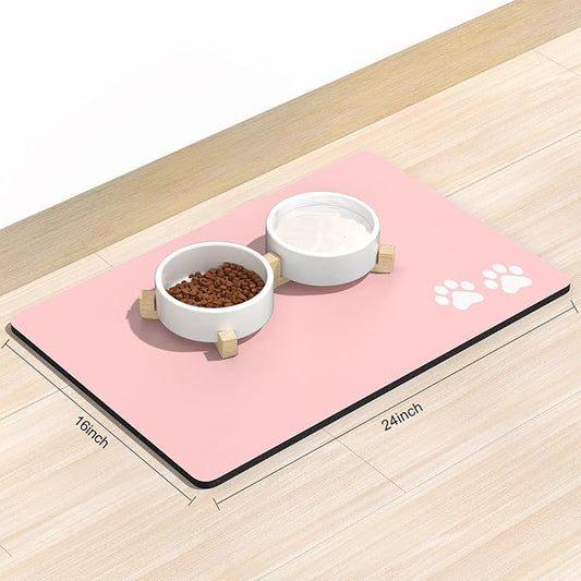 Rnivvi Dog Food Mat, 16" x 24" Footprint Absorbent Dog Cat Bowl Mat for Food and Water, Cute Anti-Slip Rubber Pet Feeding Rug Protect Floors, Puppy Placemat for Feeding & Watering Supplies, Pink