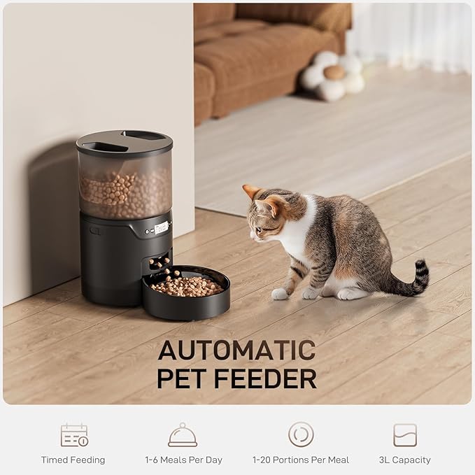 Automatic Cat Feeder: 3L Auto Food Dispenser with Timed Feeding| 6 Meal Programmable& 1-20 Portion Precise Control- Easy to Clean & Setup for Cat Indoor| Desiccant Bag Keep Food Fresh