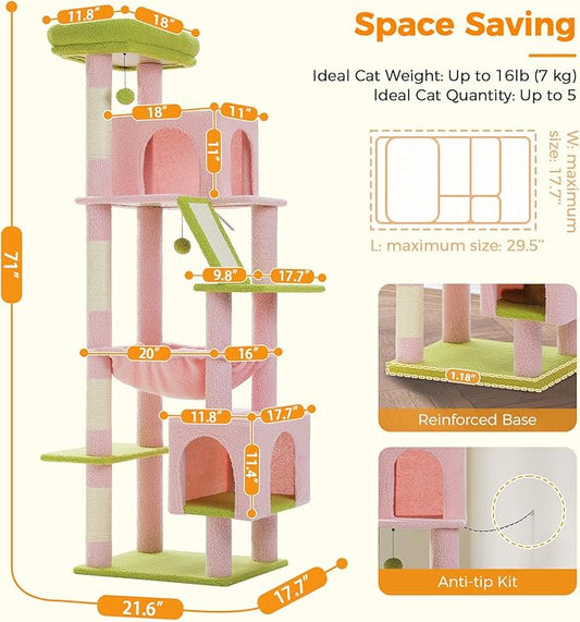 71 Inch Tall Pink Cat Tree for Indoor Cats Large Adult, Multi-Level Cat Tower with Extra Large Hammock, 2 Cat Caves, Spacious Top Perch, Scratching Pad