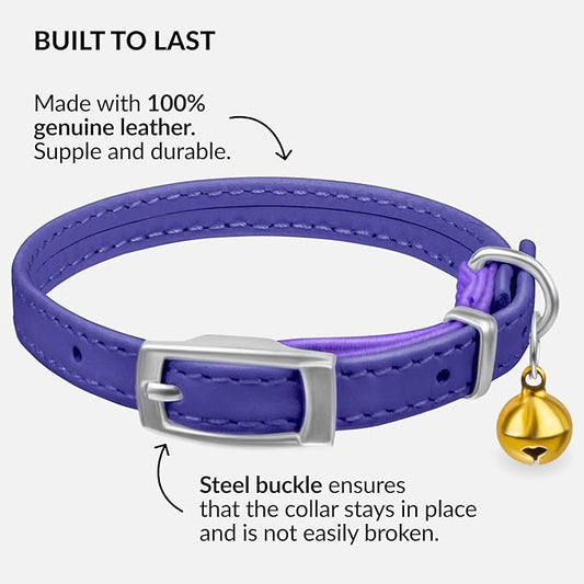 CollarDirect Leather Cat Collar with Bell - Kitten Collar, Small and Big Cat for Boy Cats, Girl Cats with Safety Elastic Strap (Neck Fit 8"-11", Purple)