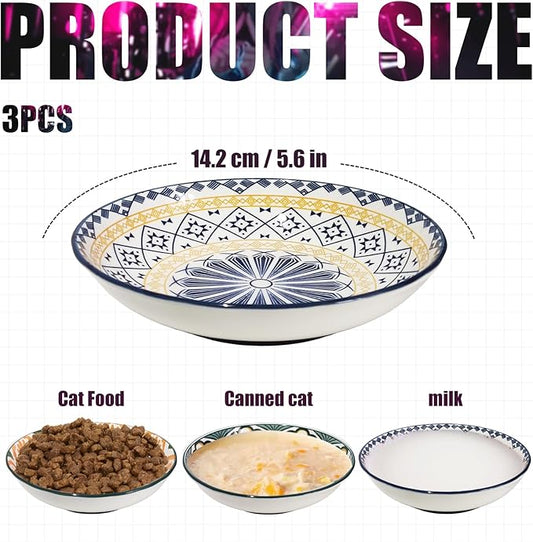 3Pcs Ceramic Cat Food Bowls, 5.5 Inches with Nonslip Silicone Bottom, Anti Whisker Fatigue Plates for Indoor Kittens, Wide Shallow Dishes for Dry and Wet Food