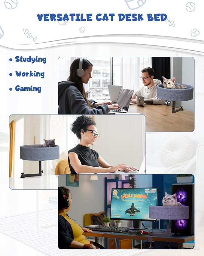 Cat Desk Bed, 360° Rotating Elevated Desk Cat Bed, Adjustable Desk Kitten Bed Up to 55 LBS, Washable Soft Fabric Pet Desks Nest Beds, Modern Indoor Cat Nest Furniture for Home, Office, Study and Room