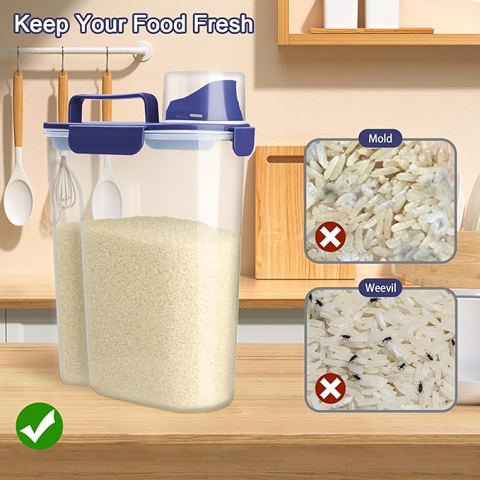Rice Container, Airtight Rice Storage Container 10lb, Cereal Containers Storage, BPA Free Food Dispenser with Pouring Spout Handle for Flour Pasta Grain, Pet Dog Cat Bird Food Storage Container