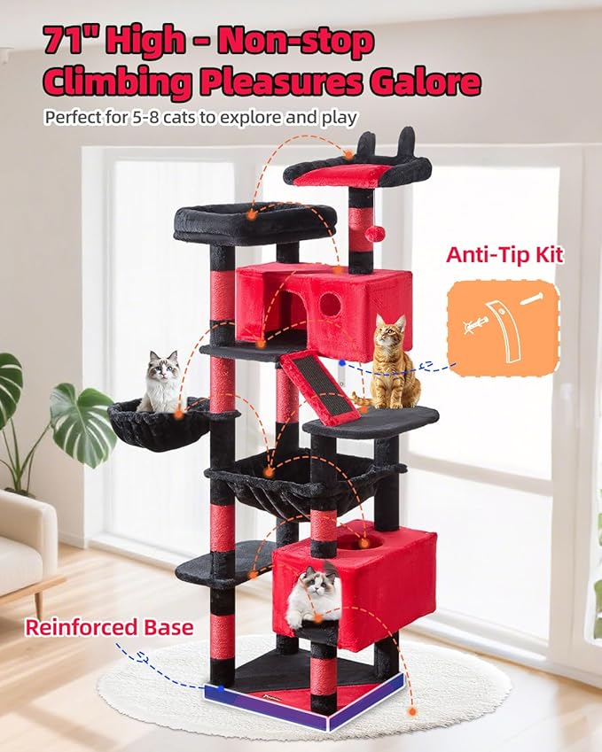 Taoqimiao Cat Tree 71-Inch, Cat Tower for Indoor Cats Large Adult, Multi-Level Large Cat Condo, 8 Sisal Scratching Posts, Metal Frame Cozy Hammock, Scratch Board, 2 Top Perches, Jelly Pink MS026LP