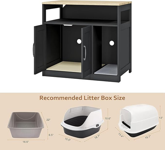 Cat Litter Box Enclosure,2-Tier Hidden Litter Box Furniture with Open Storage Shelf,Wooden Cat Washroom Indoor, Freestanding Cabinet for Living Room,Hallway,Black