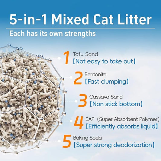 5-in-1 Tofu Cat Litter, Mixed Cassava, Bentonite, Baking Soda, SAP, Natural Plant, Fast Clumping, Strong Water Adsorption & Deodorization, No Tracking, Dust-Free, Flushable, 7.9lbs