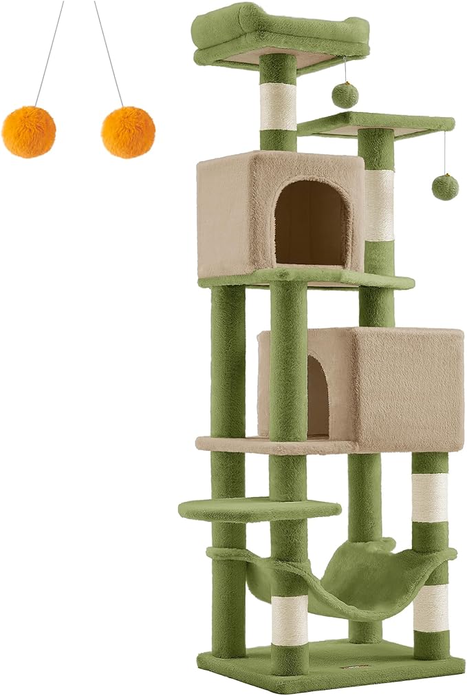 Feandrea Cat Tree, 61-Inch Cat Tower for Indoor Cats, Plush Multi-Level Cat Condo with 5 Scratching Posts, 2 Perches, 2 Caves, Hammock, 2 Pompoms, Grass Green and Camel Brown UPCT192C03