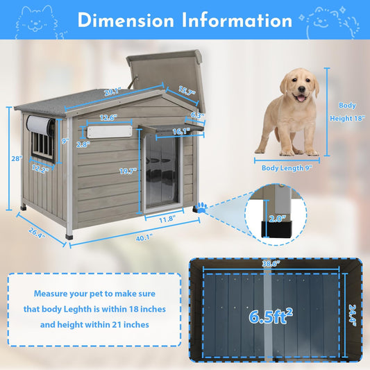 Outdoor Dog House Weatherproof Large Wooden Dog Kennel Indoor for Small Dogs with Chew-Proof Frame, Oxford Fabric Window, Removable Floor Pet Shelter (Grey, 40.1" D x 26.4" W x 28" H)