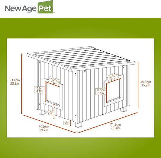 New Age Pet ECOFLEX XL Outdoor Cat House - Durable, Moisture-Resistant Wood Plastic Composite, Dual Entry, Easy Assembly, Elevated Floor for Ventilation, Compatible with Heated Pad, 10-Year Warranty
