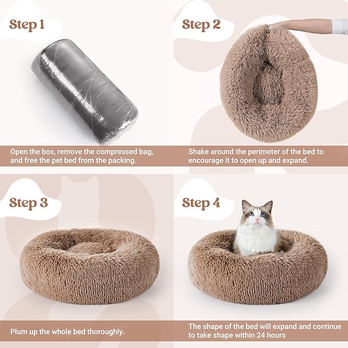 rabbitgoo Cat Beds for Indoor, 20 inches Machine Washable, Fluffy Round Pet Bed Non-Slip, Calming Soft Plush Donut Cuddler Cushion Self Warming for Small Dogs Kittens, Light Brown, Medium