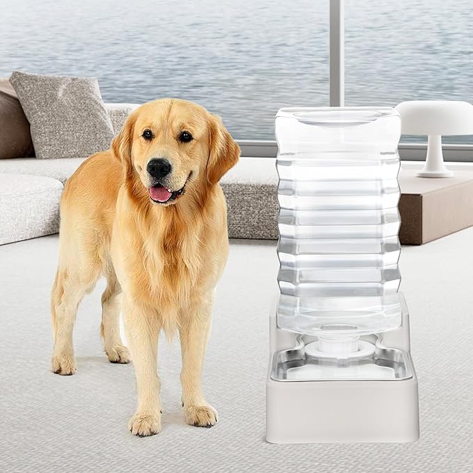 RIZZARI Stainless Steel Pet Water Feeder: 9L Automatic Leak-Proof Gravity Dispenser for Cats Dogs Indoor Outdoor Use(Beige with Filter,9L)