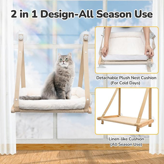 CATISM Cushion Cat Window Perch - Hammock - Window - Seat - Home - Cat Bed for Small to Medium Indoor Cats, Wooden, Machine Washable Cover, Foldable (Khaki, Cushion Bed Cover)