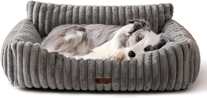 MEWOOFUN Dog Sofa Bed, Fluffy Dog Couch with Removable Washable Cover, Supportive Puppy Bed for Medium Sized up to 45 lbs (Grey, 36x28x12)