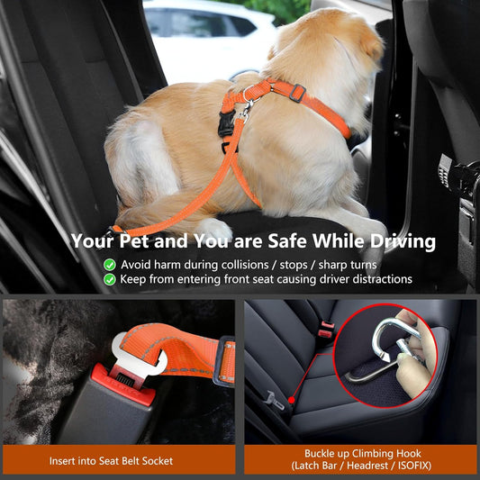 Dog Seat Belt Harness for Car, Dog Car Harness Adjustable Mesh Breathable & Dogs Seatbelt Safety Tether with Elastic Bungee for Small Medium Large Pets(Orange, L)