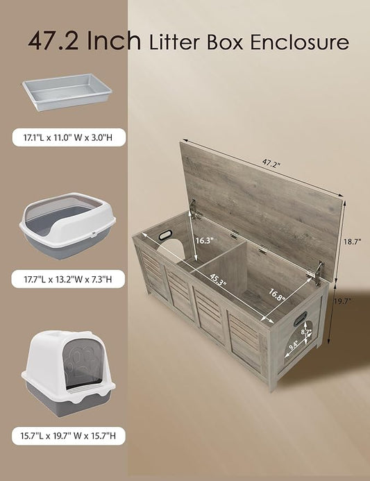 DINZI LVJ Litter Box Enclosure Furniture for 2 Cats, Top Opening Hidden Litter Box with Double Rooms, Dual Cat House with Good Ventilation, 47.2" Wooden Washroom, Cabinet, Gray Wash