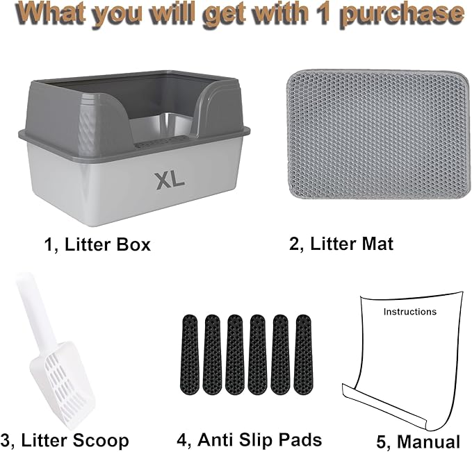 Enclosed Stainless Steel Cat Litter Box with Lid Large Litter Box for Big Cats XL Metal Litter Pan Tray with High Sides Scoop & Litter Mat Inside, Non-Sticky, Anti Leakage(Grey, XL)