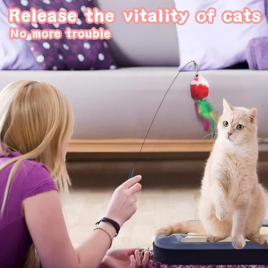 4-in-1 Interactive Cat Toy for Indoor Cats – Retractable Cat Wand, 2-Pole Suction Cup, Catnip Pillow, 14+ Accessories – Self-Play & Interactive Cat Feather Toys with Safe Durable Materials