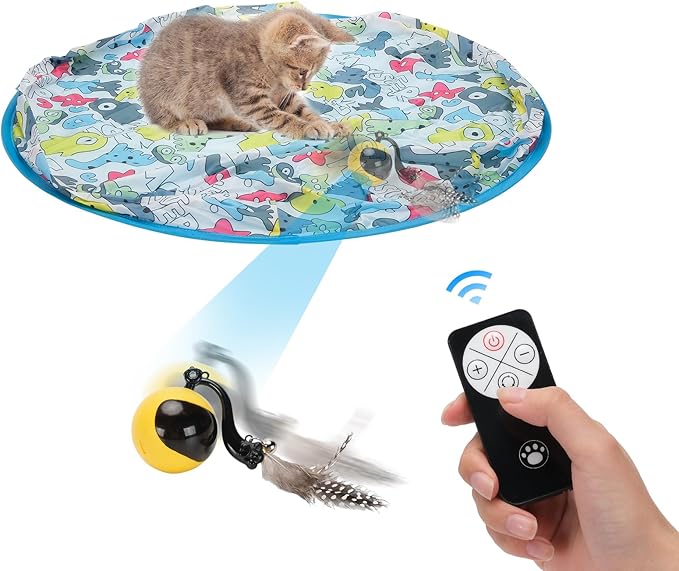 Interactive Cat Toy Ball in Pouch,Simulated Hunting Remote Control Cat Toy,Automatic Ball Fast Rolling in Play Mat, Motion Activated Chirping Hide and Seek Mouse Chasing Game Kitten Toy