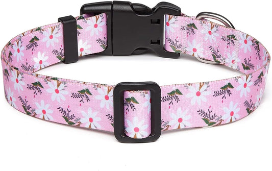 Mercano Adjustable Dog Collar - Special Design Patterns, Soft Nylon Comfortable Durable Pet Collar for Small Medium Large Dogs (M, Pink White Flower)