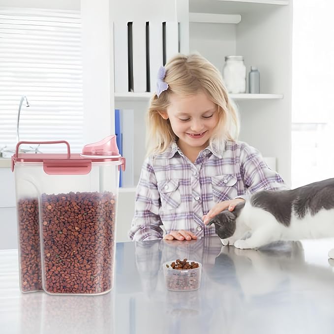5-7Lbs Cat Dog Storage Container, Portable Pet Food Containers with Upgraded Large Spout and Cup, Small Animal Kibble Dispenser for Bird Seed, Oatmeal, Rice, Flour (2, Claer(Pink+Grey), 5L)