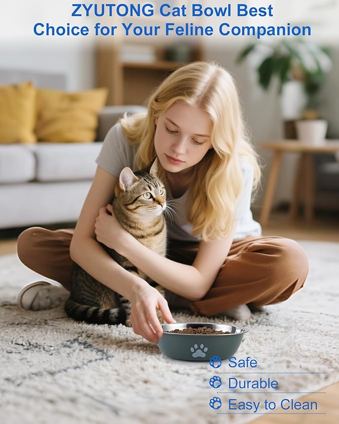 6 PCS Stainless Steel Cat Bowls, Non-Slip Stainless Cat Food Bowl Metal Cats Dishes Whisker Fatigue Kitten Plates Shallow Wide Kitten Bowls, 5.5” Whisker Friendly Feline Food Dish (Green 6 PCS)