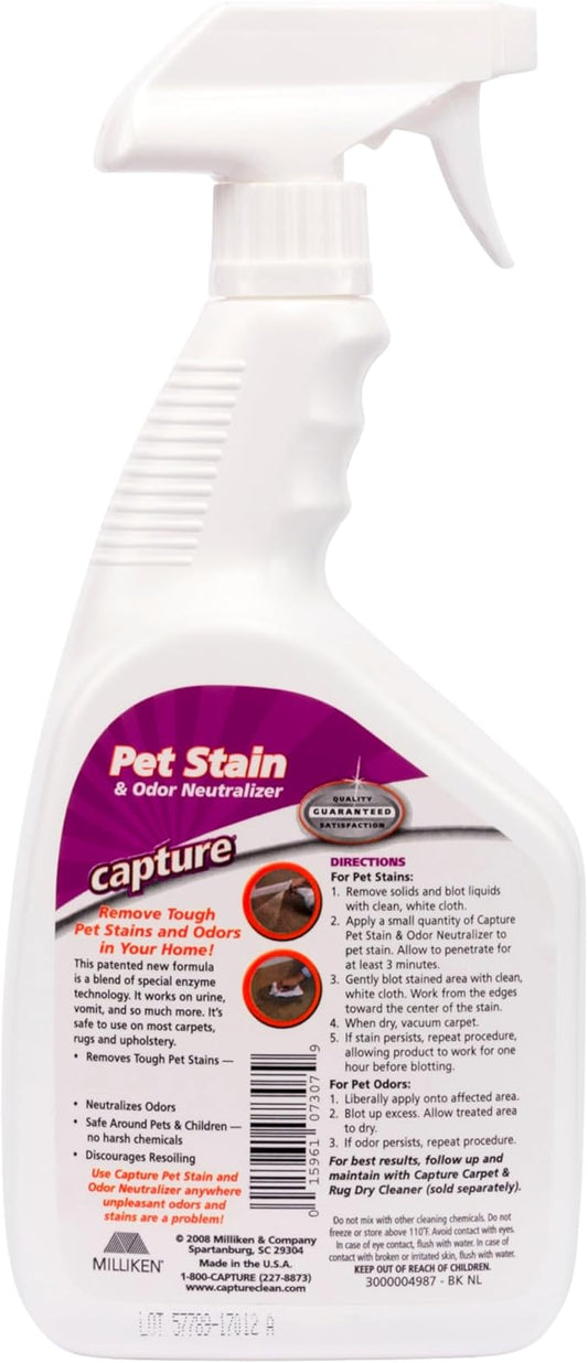 Capture Pet Stain & Odor Neutralizer - Pet Stain Remover for Carpet, Wood, Leather, Rug, Bed, Couch, Car, Upholstery, Clothes, Curtains, Wall, Floor, Concrete - 32oz Portable Spray Bottle (2 Pack)