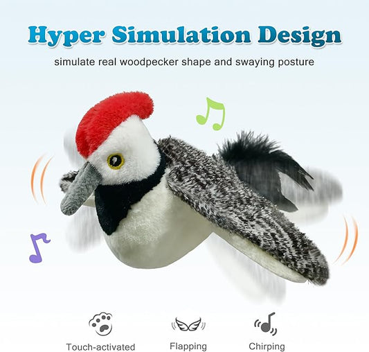 LEWISER Cat Toys, Flapping Wings Cute Woodpecker, No Flying, Chirping Bird Interactive Catnip Toy for Kitten or Small Dogs, Touch Activated, Rechargeable