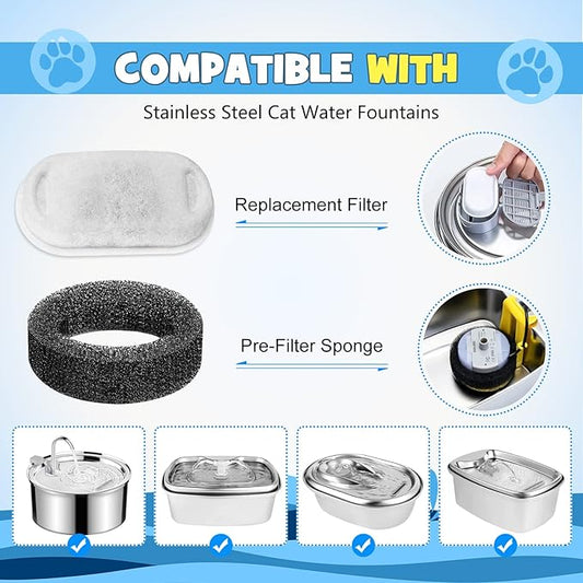 Cat Water Fountain Filter for 67oz/2L & 108oz/3.2L Stainless Steel Pet Fountain, 12 Pack Filter Replacement & 12 Sponges Foam for Automatic Dog Water Fountains Dispenser PLWF003