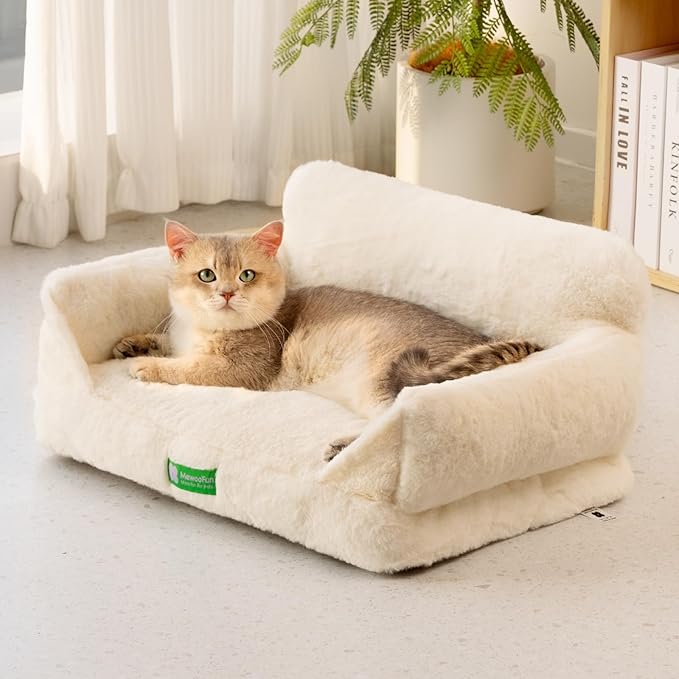 MEWOOFUN Cat Bed for Indoor Cats, Fluffy Cat Sofa with Removable Washable Cover, Cute Cat Couch with Non-Slip Bottom (White, 22x15x10)