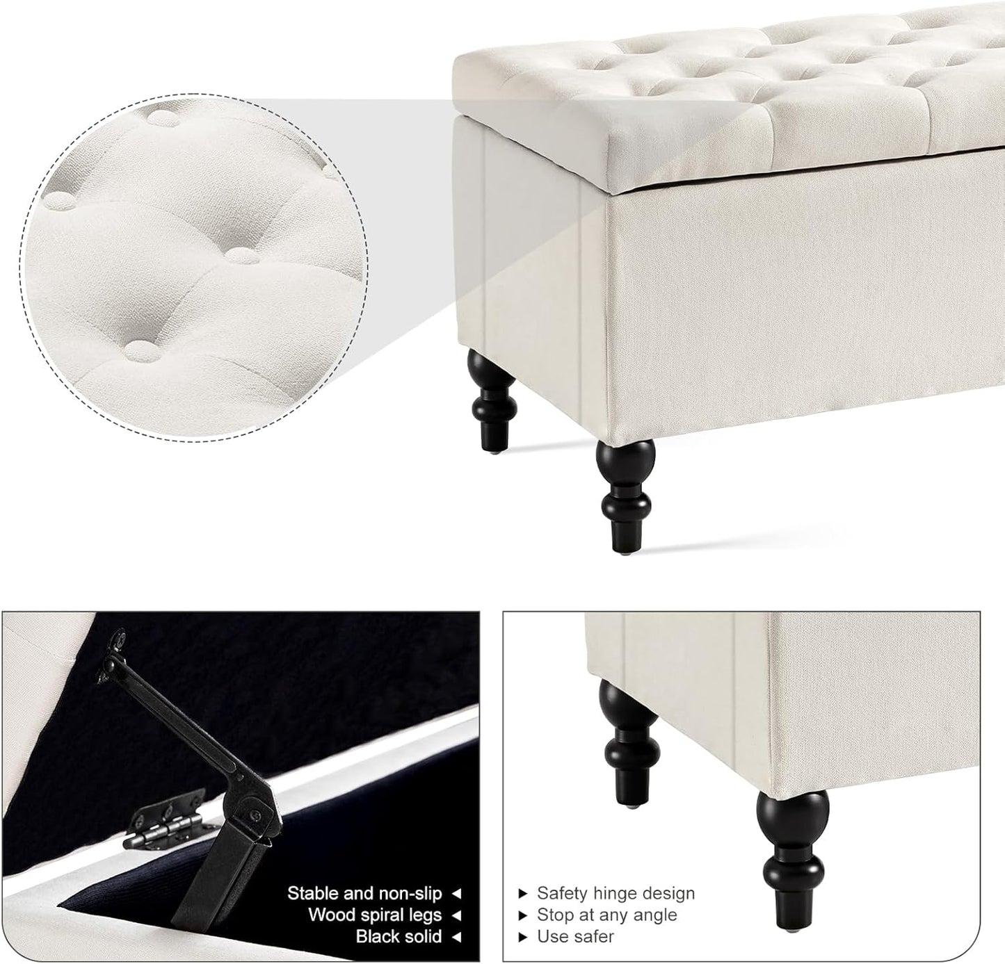 Ottoman with Storage,50.2-inch Upholstered End of Bed Storage Bench for Bedroom,for The Living Room,for Entryway, with Button and Safety Hinges,Detachable (White)